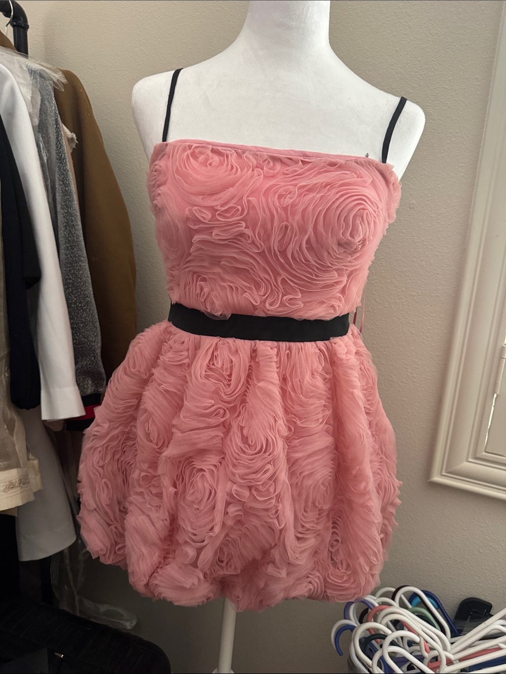 Zara Pink Ruffled Mini Dress with Black Waistband